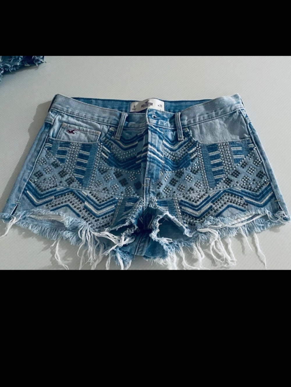 Hollister Light Blue Embellished Distressed Denim Shorts